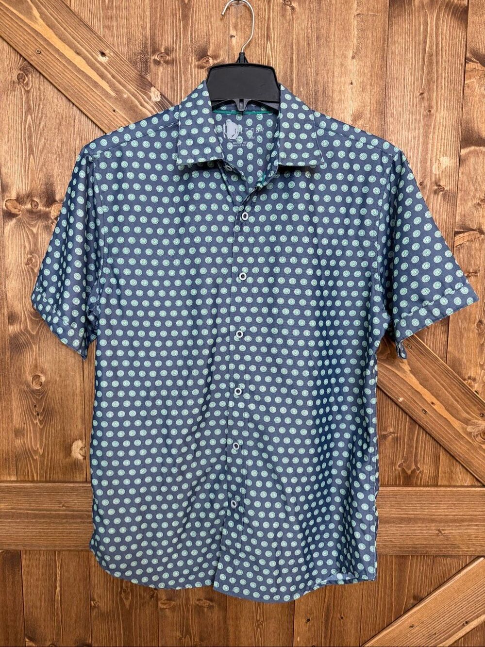 Niroby Men’s Medium Navy Green Geometric Print Short Sleeve Button Down Shirt (9